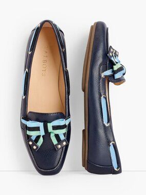 Talbots Becca Ribbon Driving Moccasins Navy Leather Loafers w/ Bow Sz 7.5M